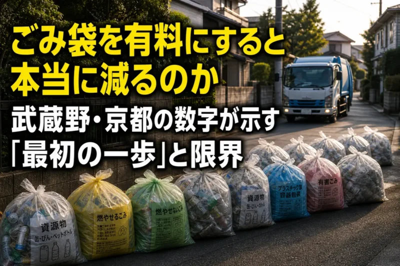 日本の住宅街の集積所に分別された指定ごみ袋が並んでいる。