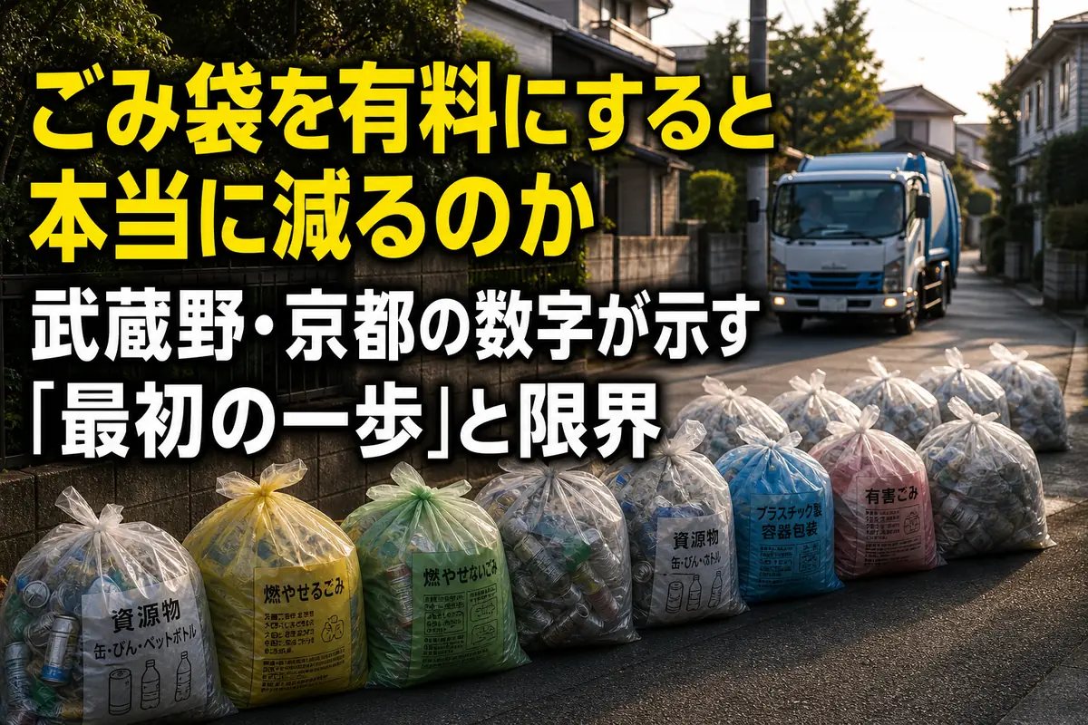 日本の住宅街の集積所に分別された指定ごみ袋が並んでいる。