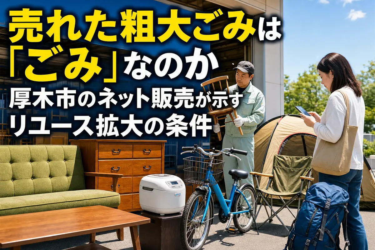 自治体のリユース拠点で再販売される家具や生活用品を確認する人々。