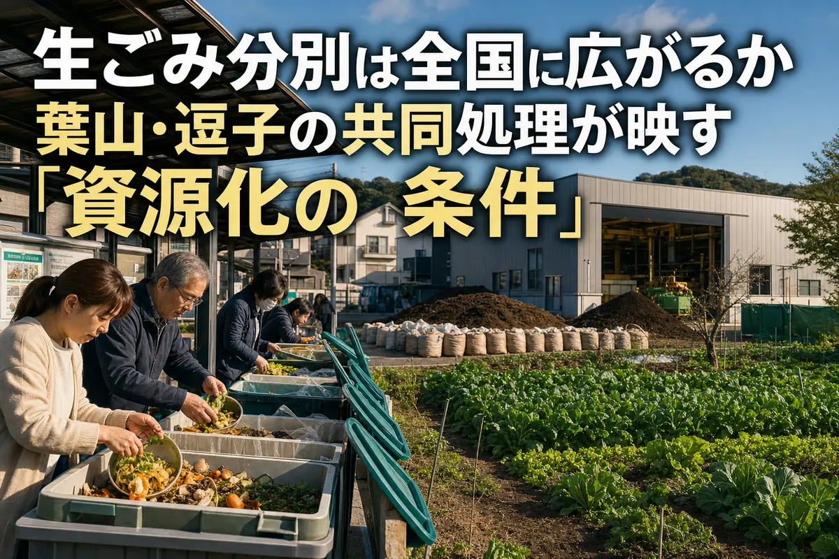 生ごみを分別する住民と堆肥化施設を表したイメージ。