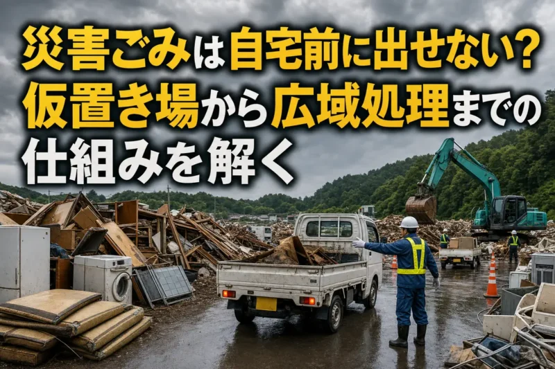 災害ごみを種類別に受け入れる仮置き場で自治体職員が車両を誘導している。