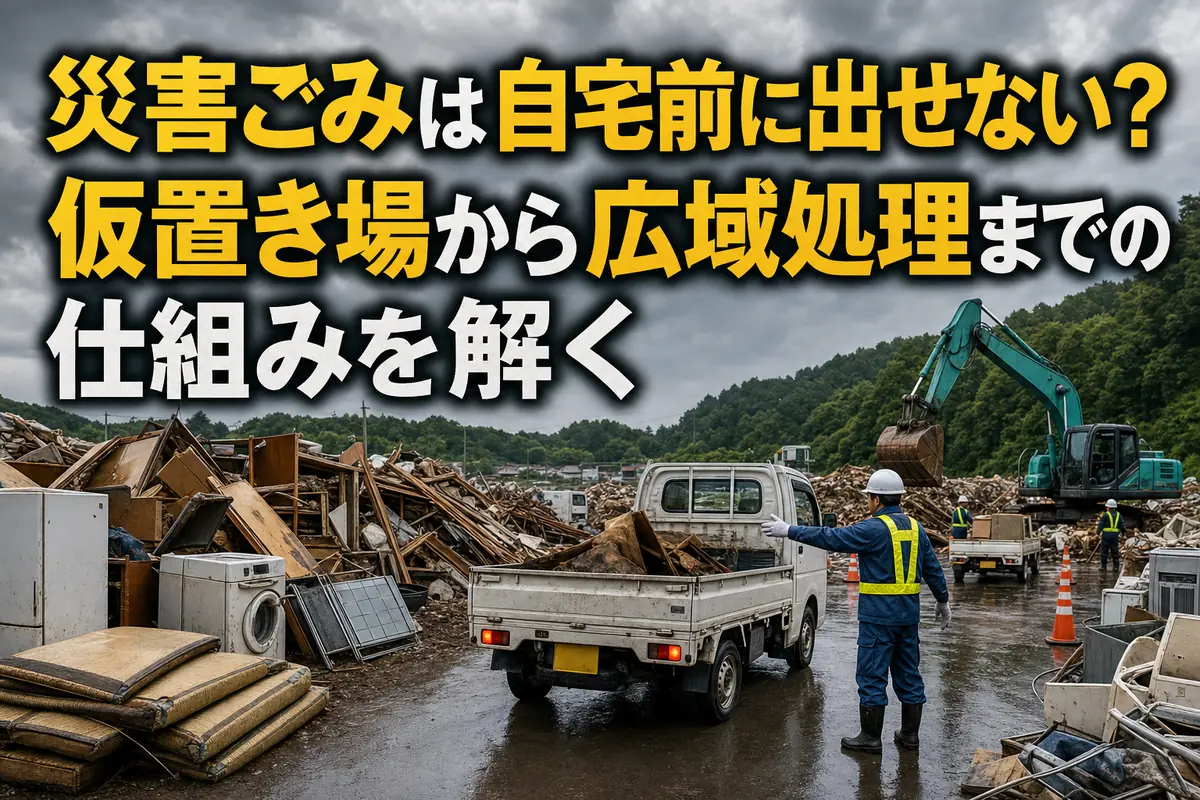 災害ごみを種類別に受け入れる仮置き場で自治体職員が車両を誘導している。