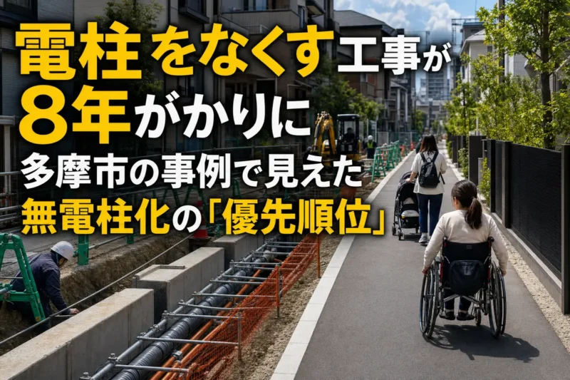 無電柱化工事が進む日本の生活道路と狭い歩道。