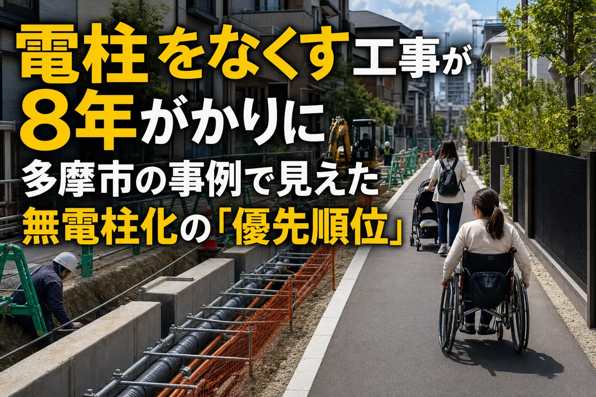 無電柱化工事が進む日本の生活道路と狭い歩道。