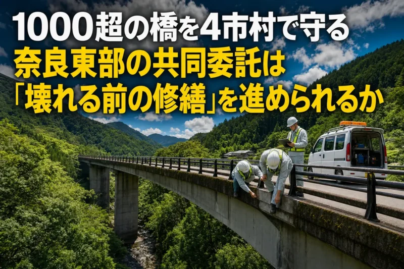 奈良県東部の山間部に架かる橋を点検する技術者たち。