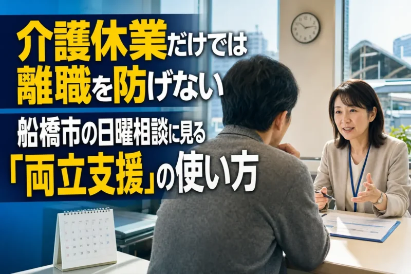 駅前の相談窓口で介護と仕事の両立について相談する会社員。