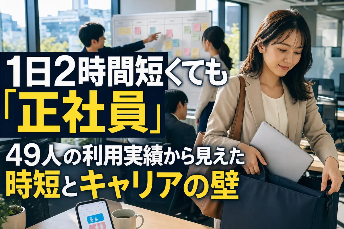 短時間勤務の終了時刻にチームで仕事を引き継ぐ会社員。