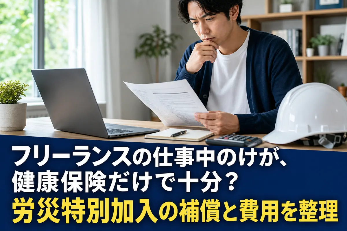 自宅の机で労災保険の資料と費用を確認するフリーランス。