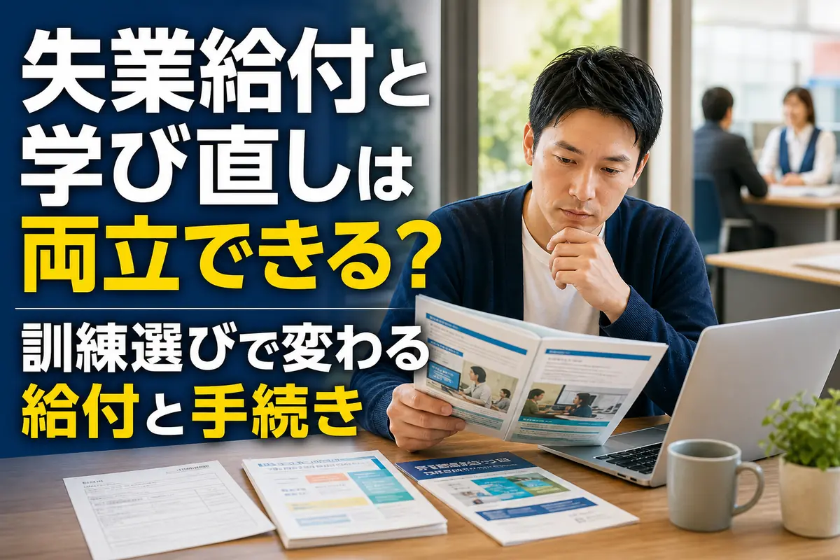 失業給付の書類と職業訓練の資料を確認する求職者。