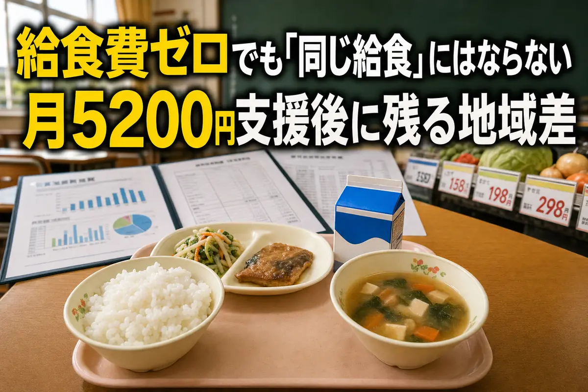 小学校の給食と自治体の費用負担を表すイメージ。