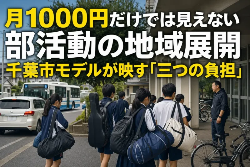 休日の地域クラブ活動へ向かう中学生と保護者、地域指導者の様子。