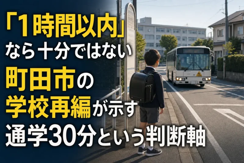 学校統合後の通学を想定し、住宅地のバス停でスクールバスを待つ児童。