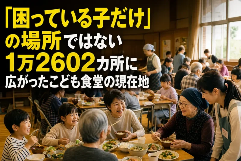 地域のこども食堂で世代を超えた住民が食卓を囲む様子。