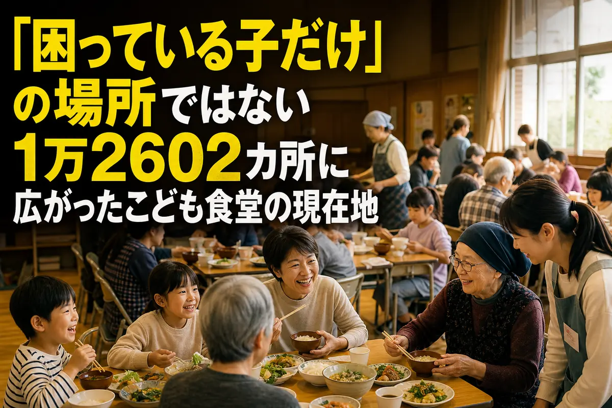 地域のこども食堂で世代を超えた住民が食卓を囲む様子。