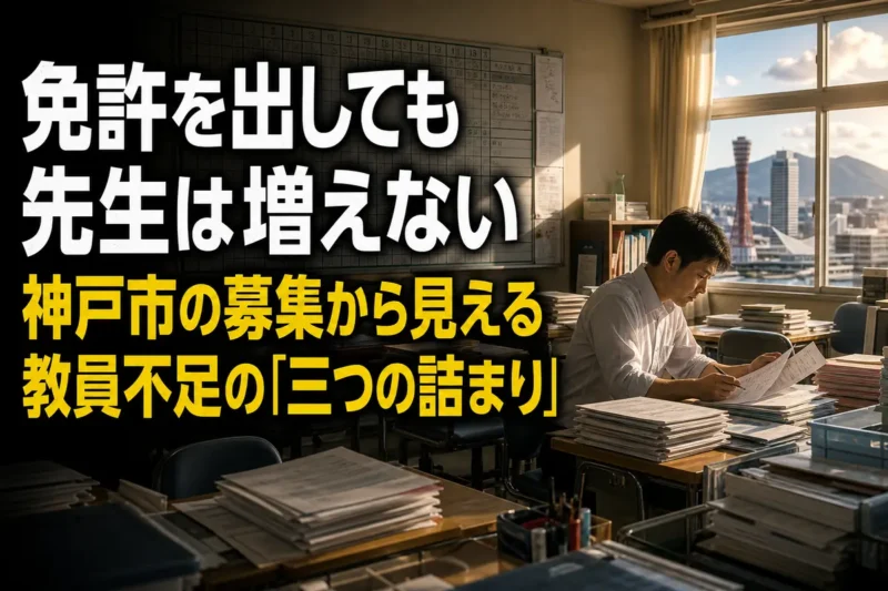 空席の目立つ職員室で教員が書類を確認している様子。