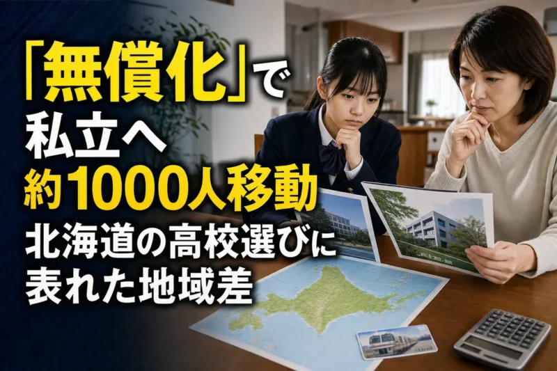 北海道の地図を前に公立・私立高校の資料を比較する親子。