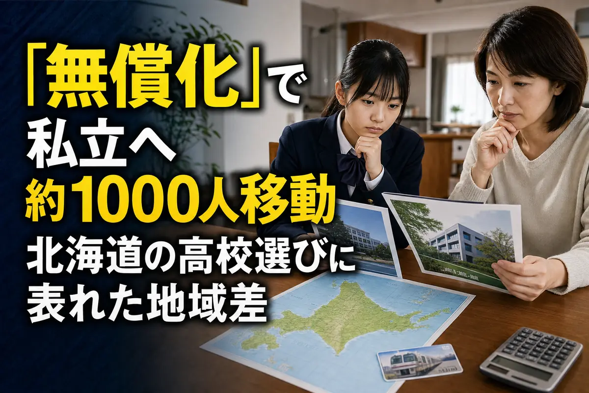北海道の地図を前に公立・私立高校の資料を比較する親子。