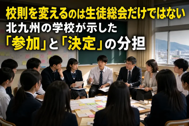 教室で校則について話し合う生徒と教職員。