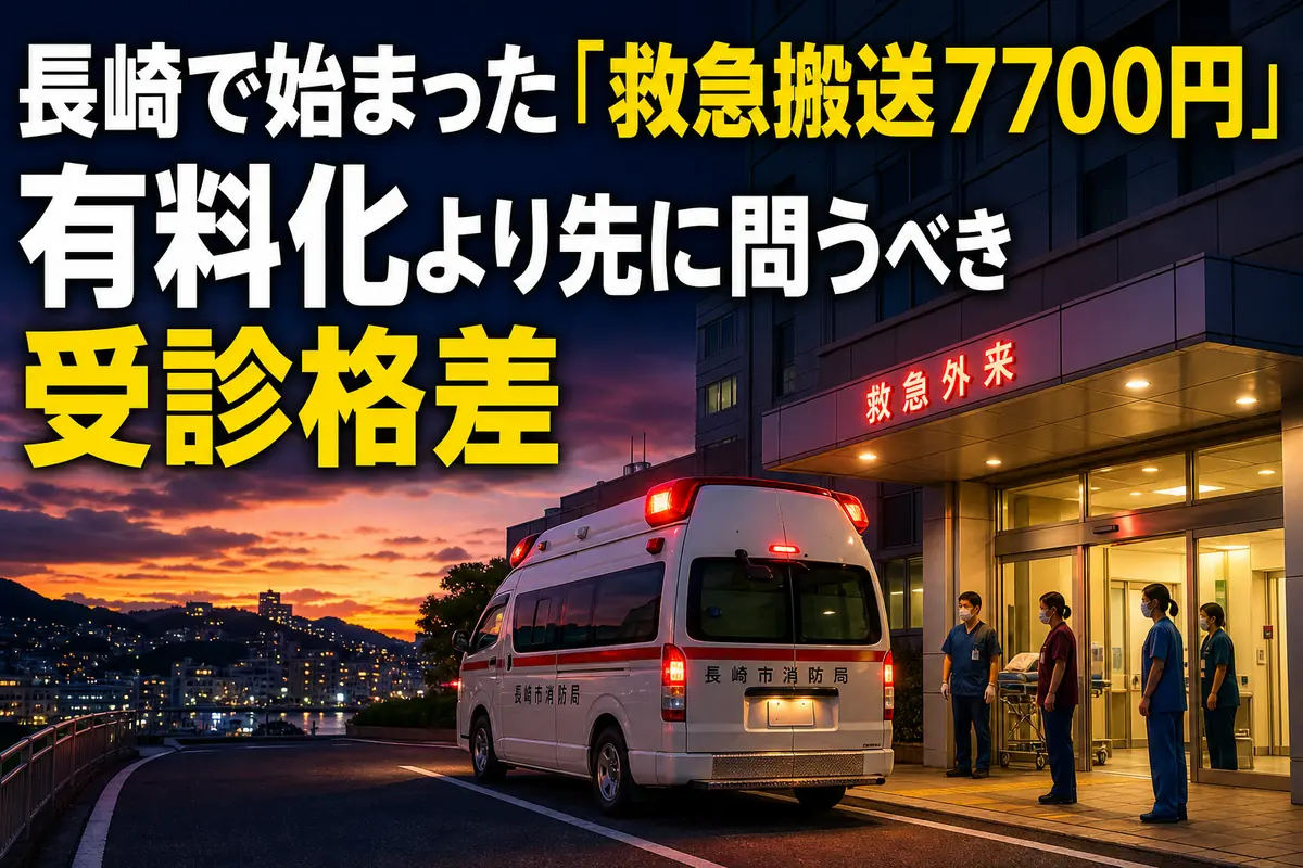 長崎市内の大病院の救急入口に到着する救急車。