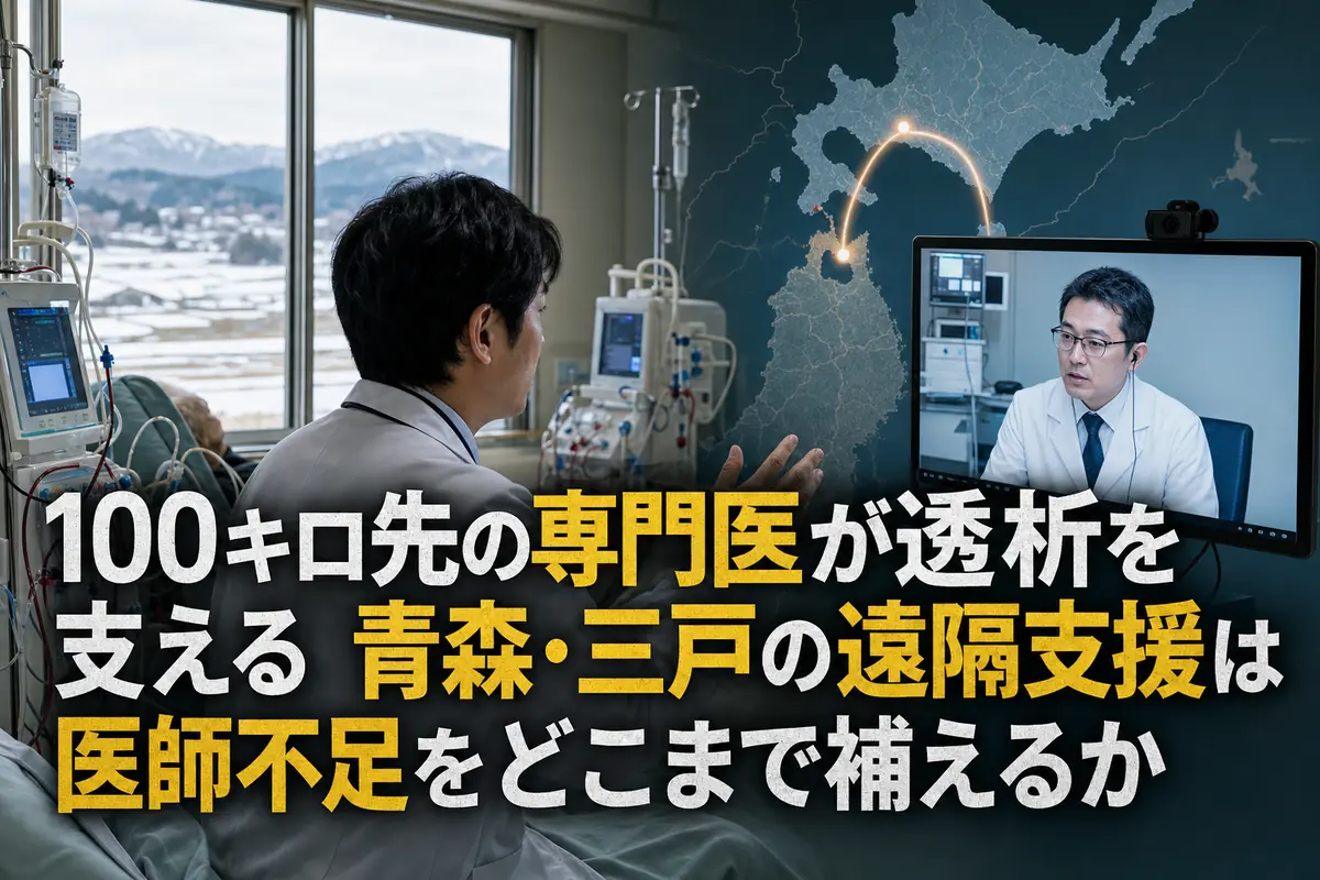 三戸の地域病院で遠隔地の専門医と相談する医療現場のイメージ。
