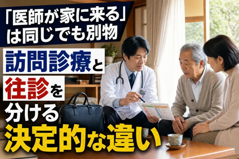 自宅で医師から在宅医療の説明を受ける高齢者と家族。