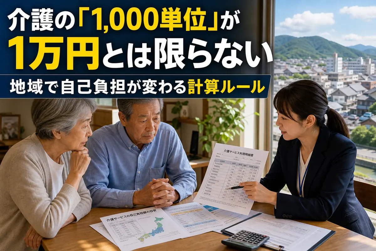 介護サービスの料金明細を家族とケアマネジャーが確認している様子。