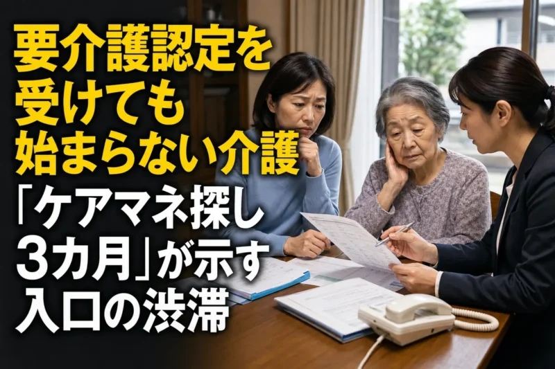 高齢の母親を交えてケアマネジャーへ相談する家族。