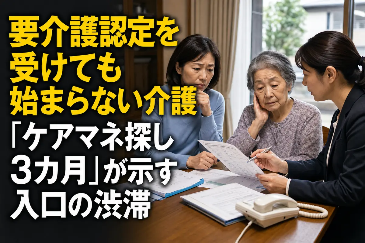 高齢の母親を交えてケアマネジャーへ相談する家族。