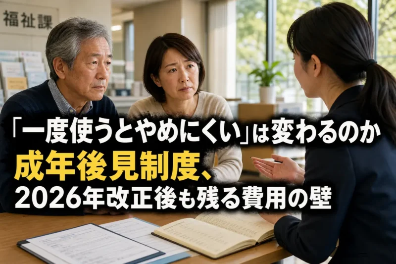 自治体の相談窓口で成年後見制度について説明を受ける高齢者と家族。