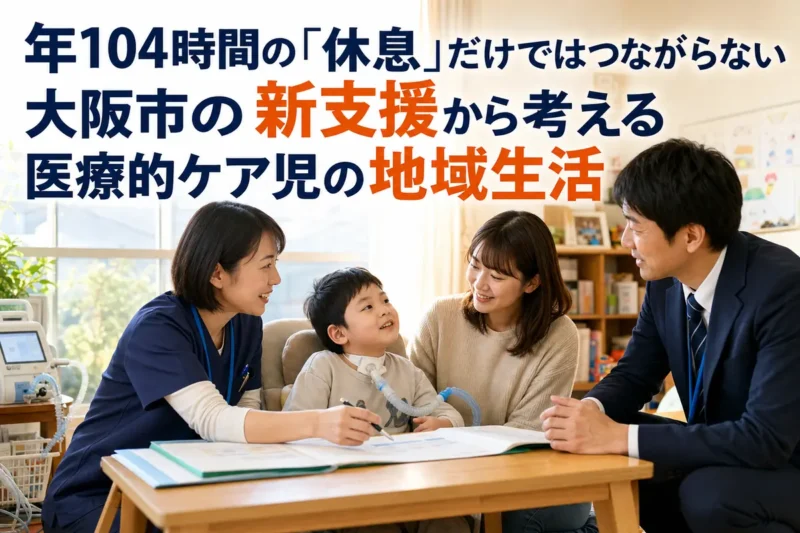 医療的ケア児を囲み、家族と看護師、学校職員が支援計画を確認する様子。