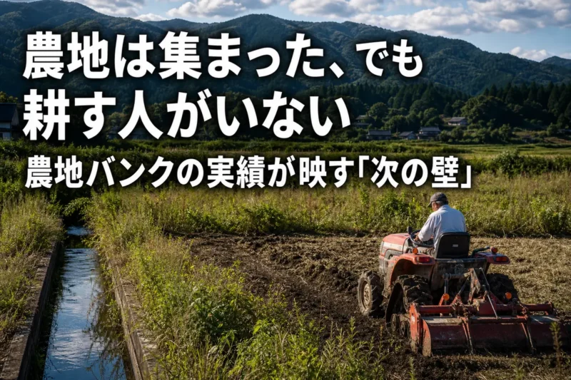 耕作中の農地と草が伸びた遊休農地が隣り合う日本の農村風景。