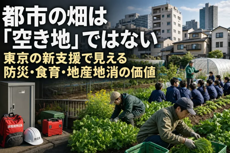 住宅街に残る畑で農作業と食育が行われている様子。