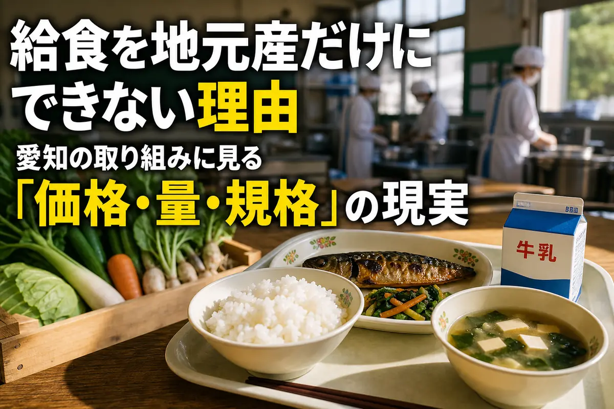 地元産の米や野菜を使った学校給食と食材のイメージ。