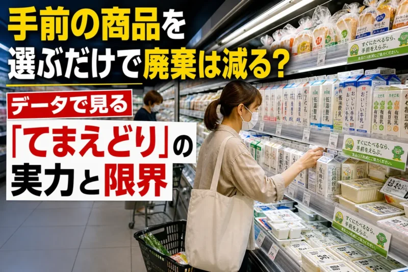 スーパーの棚で手前の商品を選ぶ買い物客。