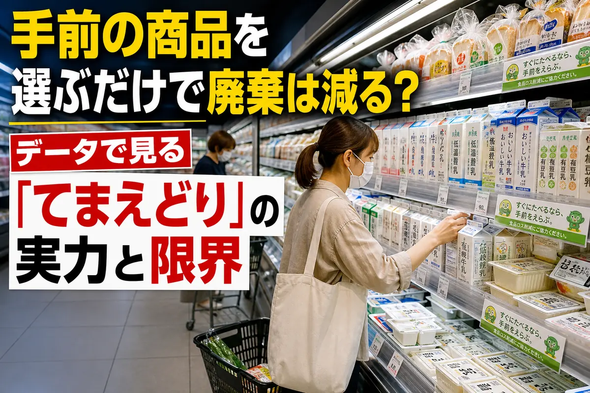 スーパーの棚で手前の商品を選ぶ買い物客。