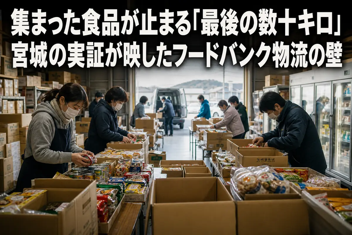 フードバンクの倉庫で寄贈食品を仕分けし配送準備をする様子。
