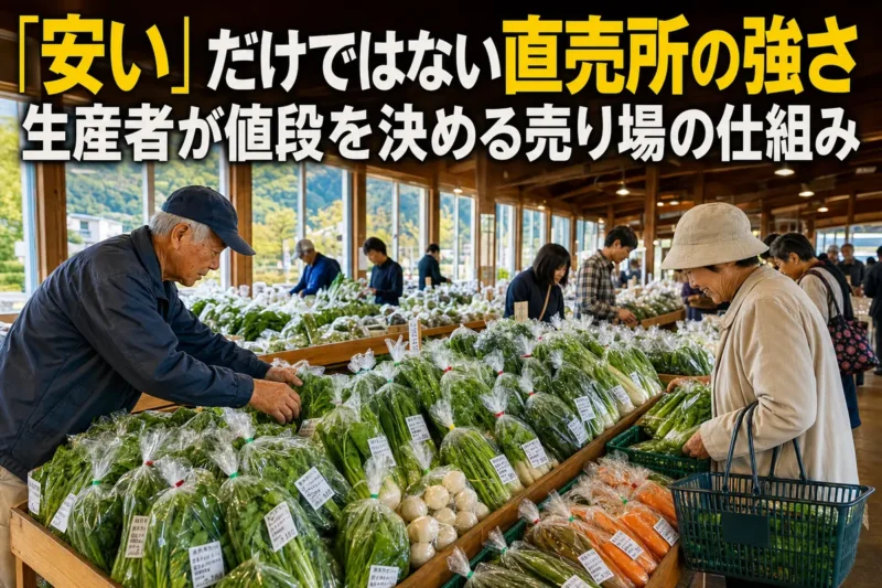 地域の農産物直売所で生産者が新鮮な野菜を並べる様子。