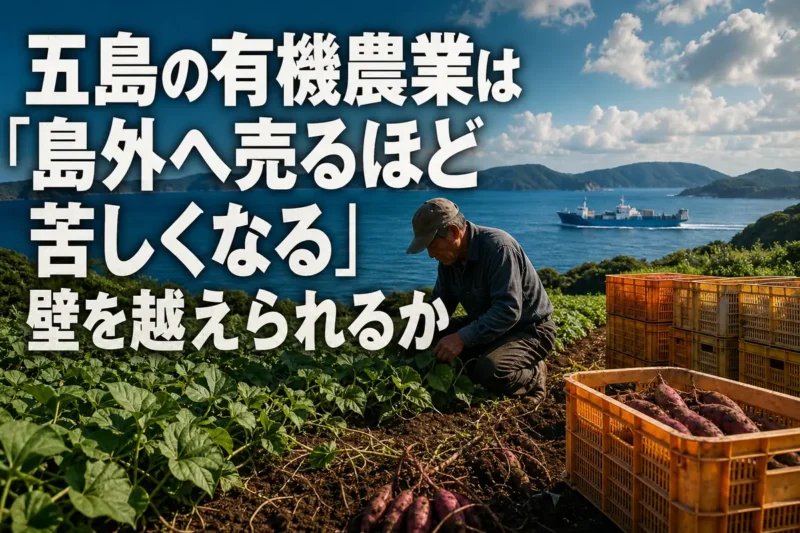 五島の有機農地と、島外出荷を待つ農産物のイメージ。