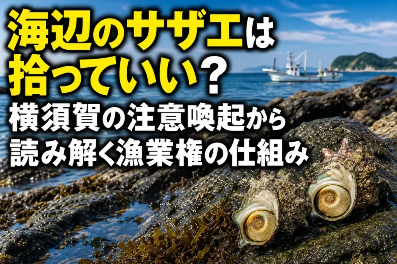 横須賀の岩礁海岸に貝や海藻が見える夏の磯辺。
