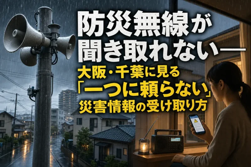 大雨の住宅街で防災無線とスマートフォンの災害情報を確認する様子。