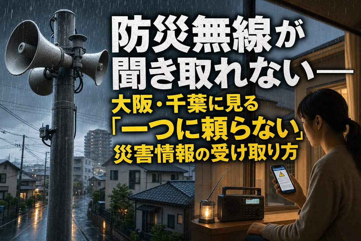 大雨の住宅街で防災無線とスマートフォンの災害情報を確認する様子。