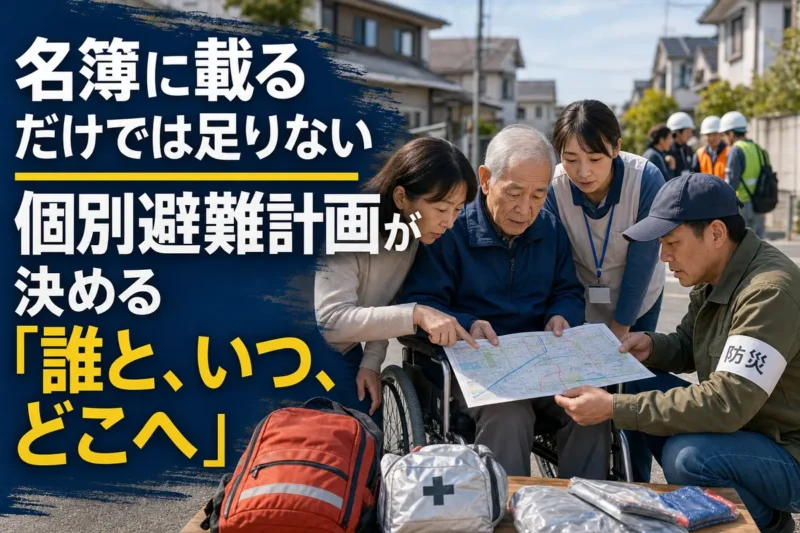 高齢者の避難経路を家族や福祉職、地域住民が一緒に確認している様子。