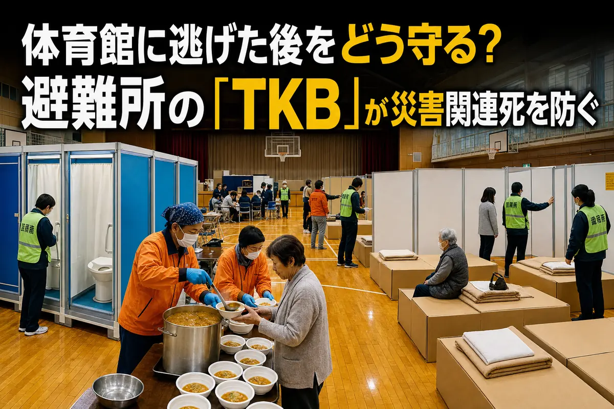 避難所の体育館に整備されたトイレ、食事提供設備、簡易ベッド。