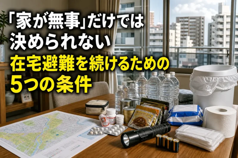 在宅避難に備えて水や食料、携帯トイレなどを確認する家庭。