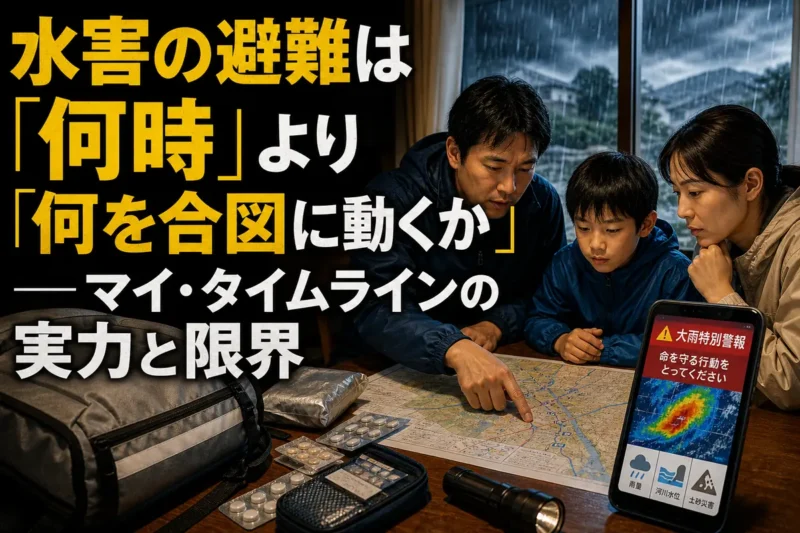 家族がハザードマップを広げて水害時の避難計画を確認している。
