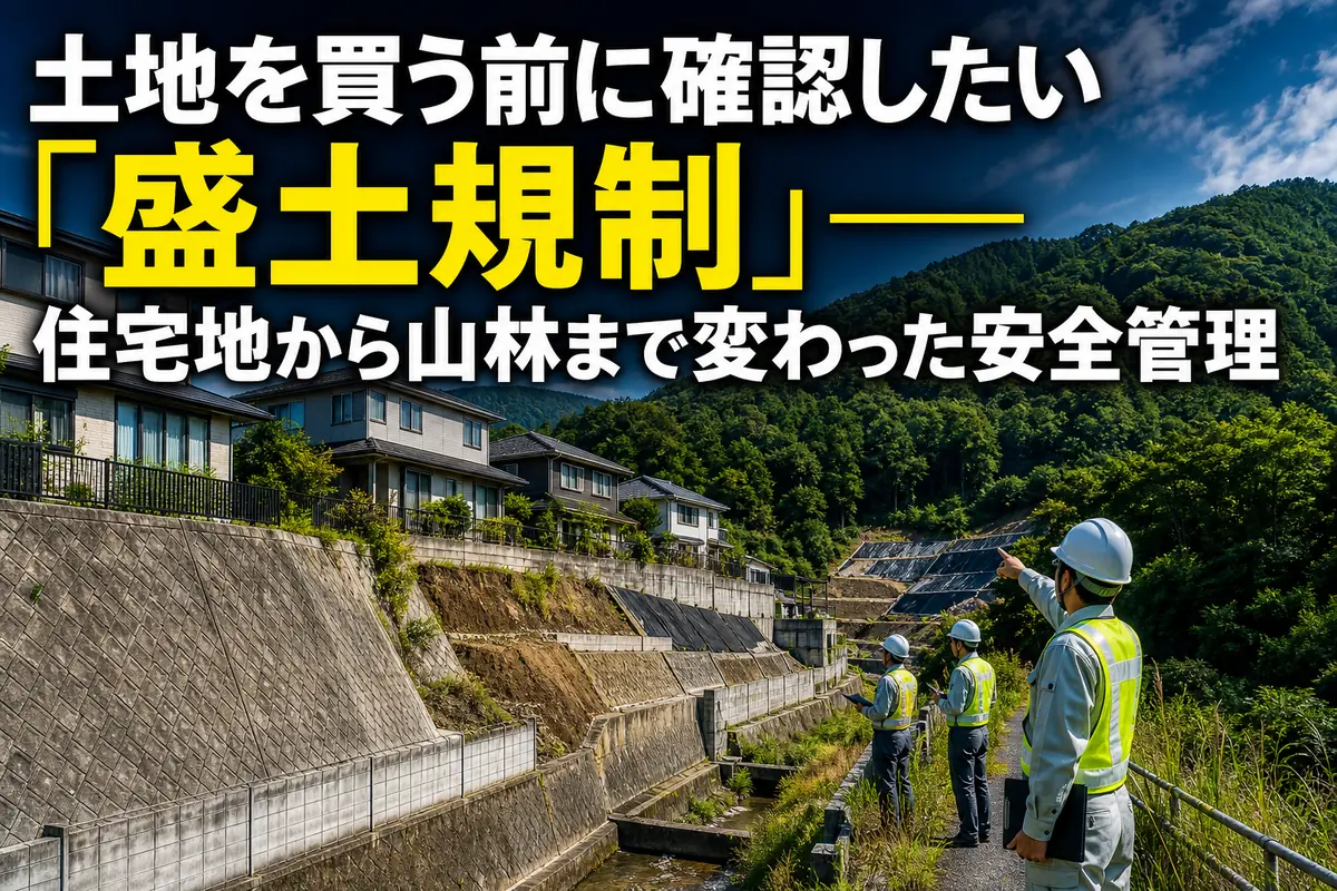 住宅地の擁壁と山間部の斜面が連なる土地を点検する様子。