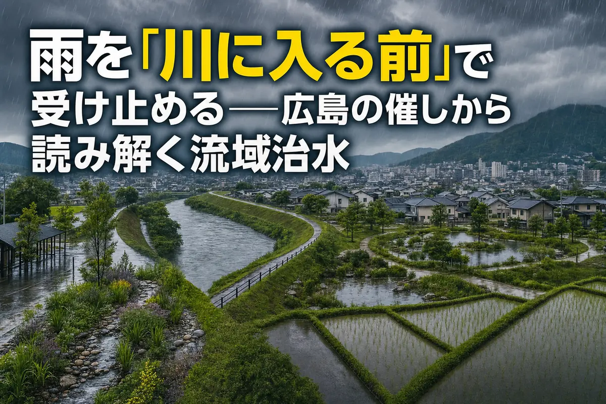 川や水田、雨庭が雨水を分散して受け止める流域の風景。