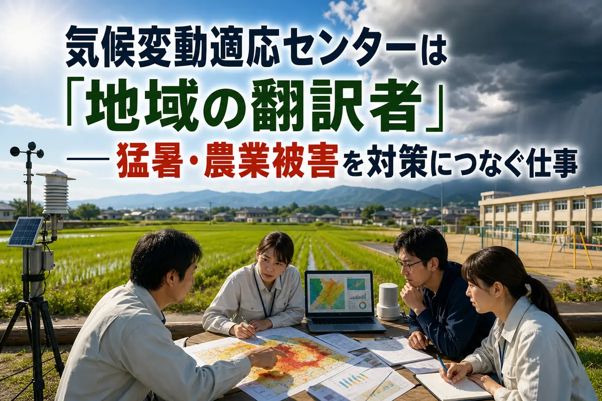 地域の暑さや農業への影響を分析する気候変動適応のイメージ。