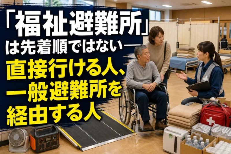 福祉施設で避難方法を確認する車いす利用者と家族、自治体職員。