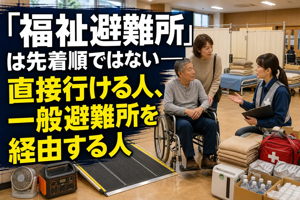 福祉施設で避難方法を確認する車いす利用者と家族、自治体職員。